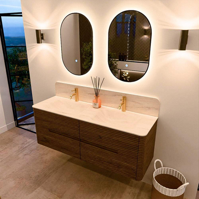 Mondiaz CIRO-DLUX Badkamermeubelset - 140x45x50cm - Solid surface wastafel Meli - 2 wasbak Dubbel - 2 kraangaten - 4 lades - Dusk