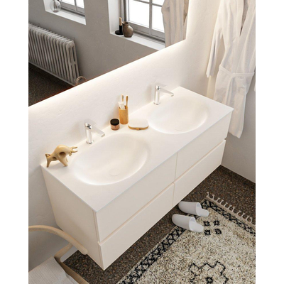 MONDIAZ VICA Badkamermeubelset 120cm 4 lades - wasbak Moon dubbel 2 kraangaten solid surface linen met waste en brauer copper kranen SHOWROOMMODEL