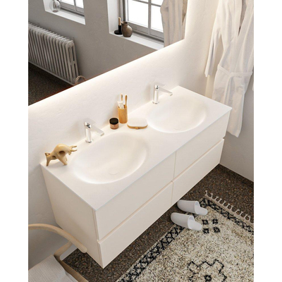 Mondiaz VICA ensemble de meuble de salle de bain - 120cm - meuble sous-vasque lin - 4 tiroirs - lavabo lune double - 2 trous de robinet - miroir LED - version XL 60cm de haut