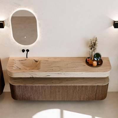 MONDIAZ THOR-DLUX 190cm badmeubel ronding links + rechts kleur Walnut met 2 lades en 2 deuren. Vrijhangende wastafel CLOUD Links zonder kraangat kleur Arena.