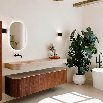 MONDIAZ THOR-DLUX 180cm meuble de salle de bains arrondi gauche + droite couleur Ruby avec 2 tiroirs et 2 portes. Vasque suspendue CLOUD Gauche sans trou de robinet couleur Saba.