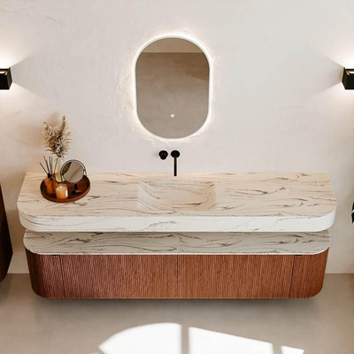 MONDIAZ THOR-DLUX 200cm badmeubel ronding links + rechts kleur Ruby met 2 lades en 2 deuren. Vrijhangende wastafel CLOUD Midden zonder kraangat kleur Nata.