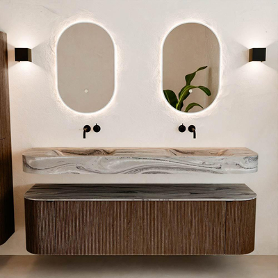 MONDIAZ THOR-DLUX 170cm badmeubel ronding links + rechts kleur Walnut met 1 lade en 2 deuren. Vrijhangende wastafel CLOUD Dubbel zonder kraangat kleur Sombra.