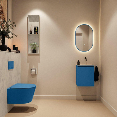 MONDIAZ TURE-DLUX Meuble toilette - 40cm - Jeans - EDEN - vasque Opalo - position droite - sans trou de robinet