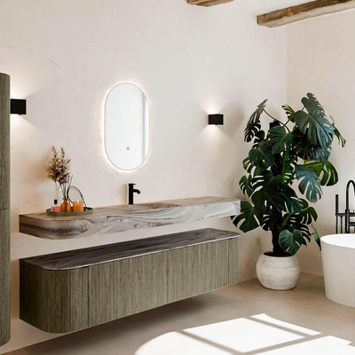 MONDIAZ THOR-DLUX Meuble de salle de bains 190cm arrondi gauche + droite couleur Shadow avec 2 tiroirs et 2 portes. Vasque suspendue CLOUD Milieu 1 trou de robinet couleur Sombra.