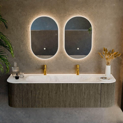 Mondiaz KURVE-DLUX Ensemble de meuble salle de bain - 170x46x40cm - 1 tiroir - 2 portes - lavabo en solid surface - milieu - 2 trous de robinet - Shadow