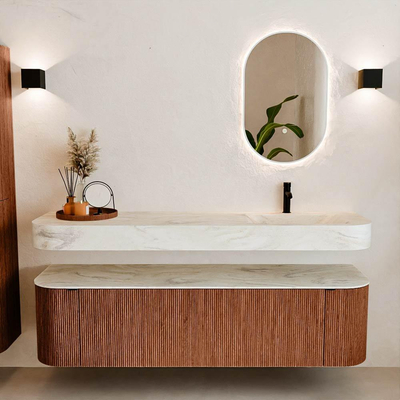 MONDIAZ THOR-DLUX 170cm meuble de salle de bains arrondi gauche + droite couleur Ruby avec 1 tiroir et 2 portes. Vasque suspendue CLOUD Droite 1 trou de robinet couleur Ostra.