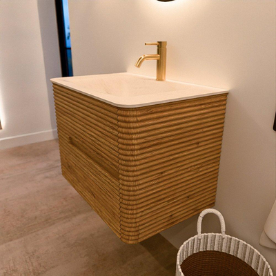 Mondiaz CIRO-DLUX Ensemble de meuble de salle de bains - 70x45x50cm - Plan-vasque en solid surface Meli - 1 vasque au milieu - 1 trou de robinetterie - 2 tiroirs - Chêne