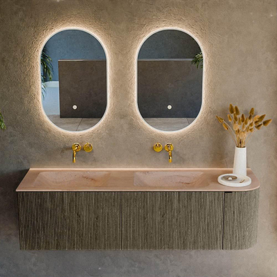 MONDIAZ KURVE-DLUX Meuble de salle de bains 155cm arrondi à droite couleur Shadow avec 2 tiroirs et 1 porte. Lavabo LEAF Double / Gauche sans trou de robinet Saba.