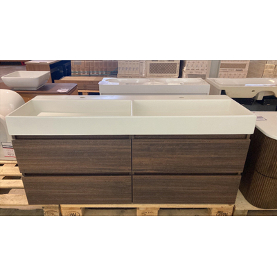 INK Wastafelonderkast - 140x52x45cm - 4 lades - softclose - met houten keerlijst - MFC - Koper eiken - inclusief INK united wastafel - 2 kraangaten - 2 wasbakken - licht beschadigd - OUTLET UDEN