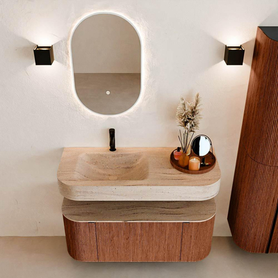 MONDIAZ THOR-DLUX Meuble de salle de bains 110cm arrondi gauche + droite couleur Ruby avec 1 tiroir et 2 portes. Vasque suspendue CLOUD Gauche 1 trou de robinet couleur Saba.