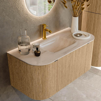 MONDIAZ KURVE-DLUX 100cm badmeubel ronding Links + Rechts kleur Oak met 1 lade en 2 deuren. Wastafel GRUNNE Midden 1 kraangat Meli.