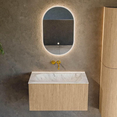 MONDIAZ KURVE-DLUX 80cm Meuble salle de bain - couleur Oak - 1 tiroir - vasque BIG SMALL centre - sans trou de robinet - couleur Glace