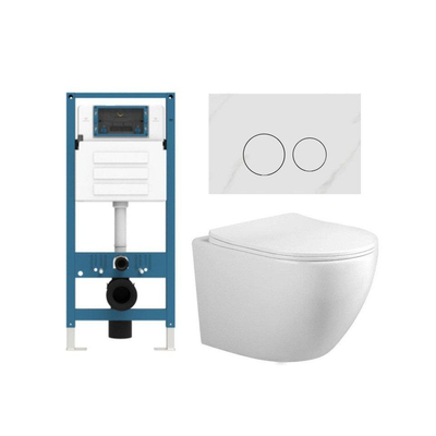 FugaFlow Eccelente Press Toiletset - 48.5x36x32cm - diepspoel - spoelrandloos - inbouwreservoir - softclose - quickrelease - toiletzitting - wit marmeren natuurstenen bedieningsplaat - ronde knoppen - wit
