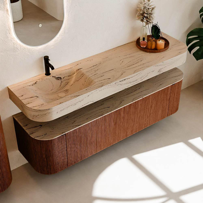 MONDIAZ THOR-DLUX 170cm meuble de salle de bains arrondi gauche + droite couleur Ruby avec 1 tiroir et 2 portes. Vasque suspendue CLOUD Gauche 1 trou de robinet couleur Arena.