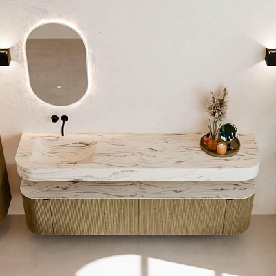 MONDIAZ THOR-DLUX Meuble de salle de bains 190cm arrondi gauche + droite couleur Dusk avec 2 tiroirs et 2 portes. Vasque suspendue CLOUD Gauche sans trou de robinet couleur Nata.