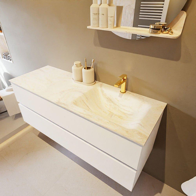 Mondiaz VICA-DLUX Ensemble de meuble de salle de bain - 130cm - meuble sous-vasque talc - 2 tiroirs - lavabo encastré cloud droite - 1 trou de robinet - version haute de 60cm - ostra