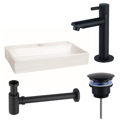 FugaFlow Eccelente Arredo Pack Lave-mains - 38x7x24cm - 1 trou de robinet - céramique - robinet Noir mat - Blanc