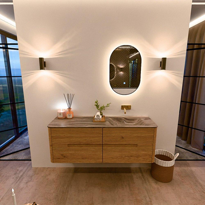 Mondiaz CIRO-DLUX Ensemble de meuble de salle de bains - 140x45x50cm - lavabo solid surface Sombra - 1 vasque à droite - sans trous de robinet - 4 tiroirs - Chêne