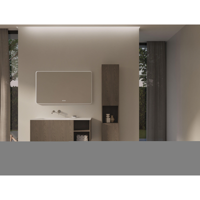 Thebalux Linea Ensemble de meubles de salle de bains - 120x55x46cm - 1 tiroir - sans poignée - Façade rainurée verticale - lavabo Corian - gauche - sans trou de robinetterie - Placage Natural