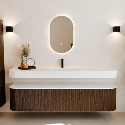 MONDIAZ THOR Meuble de salle de bains 190cm arrondi gauche + droite couleur Walnut avec 2 tiroirs et 2 portes. Vasque suspendue CLOUD Milieu 1 trou de robinet couleur Talc.