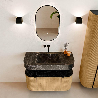 MONDIAZ THOR-DLUX 100cm badmeubel ronding links + rechts kleur Oak met 1 lade en 2 deuren. Vrijhangende wastafel CLOUD Midden zonder kraangat kleur Lava.