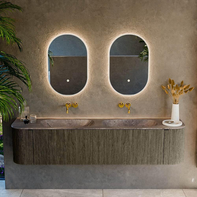 MONDIAZ KURVE-DLUX Meuble de salle de bains 190cm arrondi gauche + droite couleur Shadow avec 2 tiroirs et 2 portes. Plan-vasque STOR SMALL Double sans trou de robinet Oza.