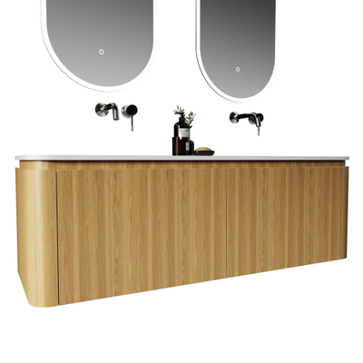 Royal Plaza Terra Ensemble meuble de salle de bains - 140x46.2x46cm - vasque en solid surface blanc mat - 2 vasques - sans trous de robinet - 4 tiroirs - sandwood (chêne clair)