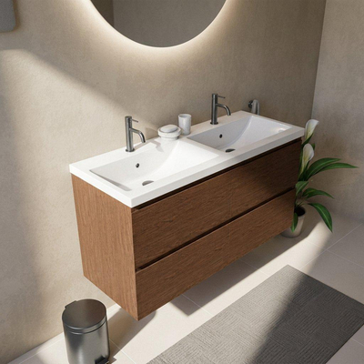 Saniclass Holz Pure Ensemble de meubles de salle de bains - 120x45x63.5cm - Lavabo en céramique Bari blanc - 2 vasques - 2 trous de robinetterie - 4 tiroirs - walnut pure mat (bois)