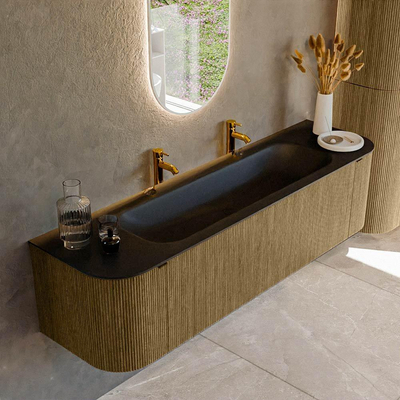 Mondiaz KURVE Badkamermeubelset - 170x46x40cm - 1 lade - 2 deuren - wastafel solid surface - midden - 2 kraangaten - Dusk