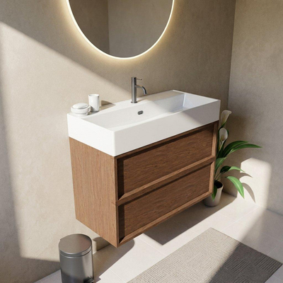 Saniclass Holz Frame Ensemble meuble de salle de bains - 100x45x72cm - lavabo Legend en céramique blanc - 1 vasque - 1 trou de robinet - 2 tiroirs - walnut pure mat (bois)