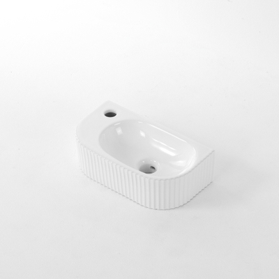 Fugaflow Eccelente Pietra Fontein - 40x22x12cm - Links - Geribbeld - halfrond - 1 kraangat - Keramiek - Wit Glans