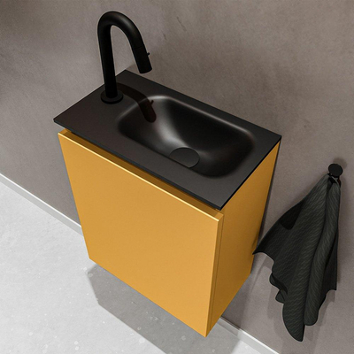 MONDIAZ TURE Toiletmeubel 40x23x50cm met 1 kraangaten 1 deuren ocher mat Wastafel Eden rechts Solid Surface Zwart