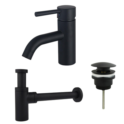 Fortifura Calvi wastafelkraanset - opbouw - laag - voorsprong 13.8cm - met klikwaste - mat zwart
