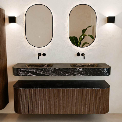 MONDIAZ THOR-DLUX 150cm badmeubel ronding links + rechts kleur Walnut met 1 lade en 2 deuren. Vrijhangende wastafel CLOUD Dubbel zonder kraangat kleur Lava.