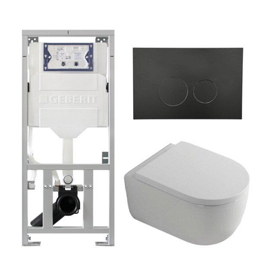 QeramiQ Dely Swirl Toiletset - 36.3x51.7cm - diepspoel - rimless - Geberit UP320 inbouwreservoir - 35mm zitting - mat zwarte metalen bedieningsplaat - ronde knoppen - wit mat