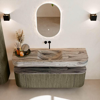 MONDIAZ THOR-DLUX 150cm meuble de salle de bains arrondi gauche + droite couleur Shadow avec 1 tiroir et 2 portes. Vasque suspendue CLOUD Centre sans trou de robinet couleur Sombra.