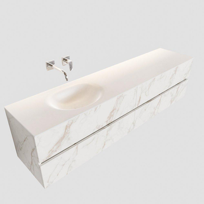 MONDIAZ VICA Ensemble de meuble salle de bain - 200cm - 4 tiroirs - lavabo Moon gauche - 0 trous de robinet - solid surface marbre carrara