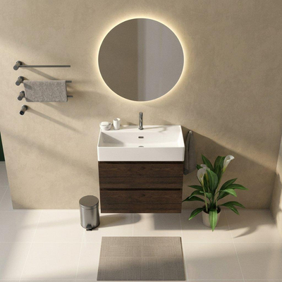 Saniclass Holz Pure Ensemble meuble de salle de bains - 80x45x72cm - Legend lavabo en céramique blanc - 1 vasque - 1 trou de robinetterie - 2 tiroirs - chêne charcoal mat (bois)