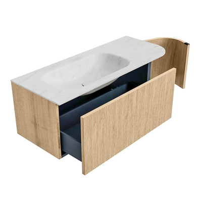 MONDIAZ KURVE-DLUX meuble de salle de bains 115cm avec module 25 R couleur chêne avec 1 tiroir et 1 porte. Lavabo BIG SMALL gauche sans trou de robinet couleur Opalo.