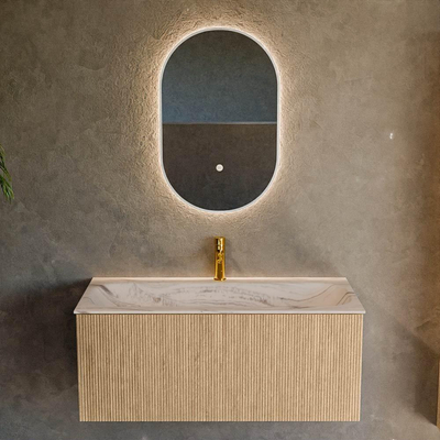 MONDIAZ KURVE-DLUX 100cm badmeubel kleur Oak met 1 lade en 0 deuren. Wastafel BIG MEDIUM Midden 1 kraangat Nata.