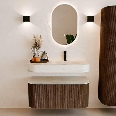 MONDIAZ THOR-DLUX 100cm meuble de salle de bains arrondi gauche + droite couleur Walnut avec 1 tiroir et 2 portes. Vasque suspendue CLOUD Droite 1 trou de robinet couleur Meli.