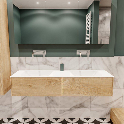 MONDIAZ LUSH Ensemble de meuble salle de bain - 150cm - 2 tiroirs - lavabo cloud - 2 lavabos - 0 trous de robinet - chêne blanchi