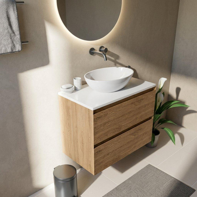 Saniclass Holz Pure Ensemble meuble de salle de bains - 80x45x62.5cm - Plan de travail Torino en solid surface blanc - sans trou de robinetterie - 2 tiroirs - chêne natural mat (bois)