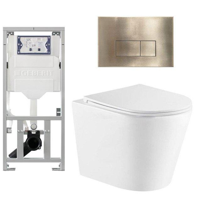 QeramiQ Dely Ensemble WC - 36.3x51.7cm - cuvette profonde - sans rebord - réservoir encastré Geberit UP320 - avec cadre Burda - abattant WC softclose - plaque de commande en laiton brossé - boutons rectangulaires - blanc mat