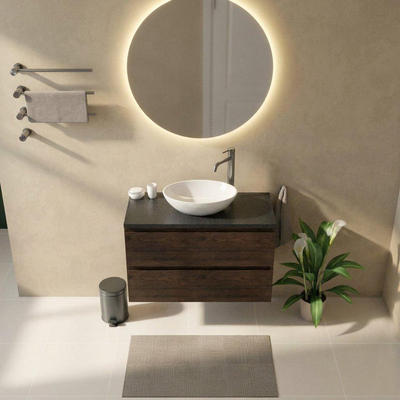 Saniclass Holz Pure Ensemble de meuble de salle de bains - 100x45x63cm - Plan vasque en basalte Noche poli (noir) - 1 trou de robinet - 2 tiroirs - chêne charcoal mat (bois)