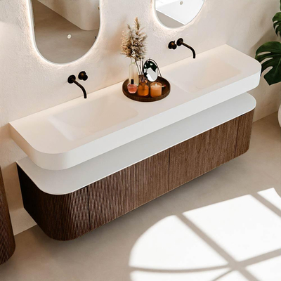 MONDIAZ THOR Meuble de salle de bains 180cm arrondi gauche + droite couleur Walnut avec 2 tiroirs et 2 portes. Vasque suspendue CLOUD Double sans trou de robinet couleur Talc.