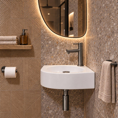 QeramiQ Fuente hoekfonteinset – 30x30x10 cm – kraangat rechts – kraan gunmetal – zonder frame