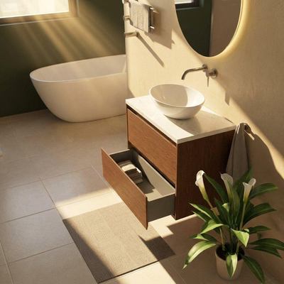 Saniclass Holz Pure Ensemble de meubles de salle de bains - 80x45x63cm - Plan vasque en marbre Dia poli (blanc) - sans trou de robinet - 2 tiroirs - walnut pure mat (bois)