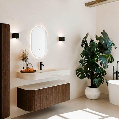 MONDIAZ THOR-DLUX Meuble de salle de bains - 120cm - arrondi gauche + droite - couleur Walnut - 1 tiroir - 2 portes - Vasque suspendue CLOUD centrale 1 trou de robinet - couleur Meli